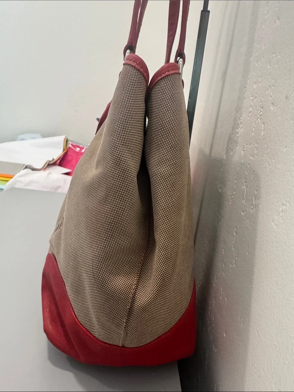 Prada Milano Canvas Tote with Red Leather Trim and Handles